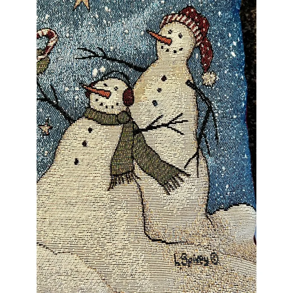 Vintage Snowman Tapestry Pillow-Christmas Folk Art-Holiday Decor-Winter-Seasonal